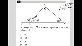 In triangle ABC CA is extended to point D What is the value of y