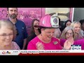 ‘Pink Heals’ fire engine visit honors Texas Bank and Trust employee’s cancer survival