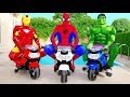 The Avengers Motorbike Race! W Spiderman & Hulk Joker Mickey Frozen Anna Superheroes In Real Life
