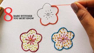Mastering the Art of 8 Basic Hand Embroidery Stitches: French knot stitch ,split stitch Tutorial 🌷
