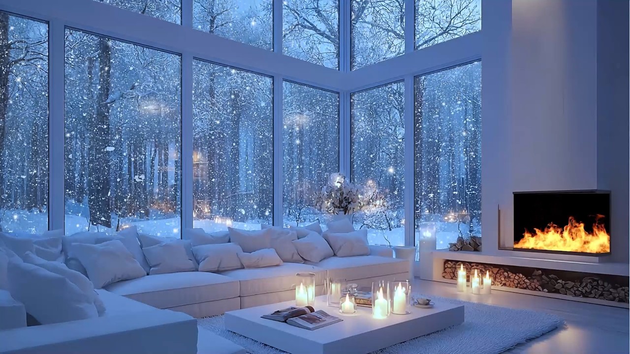 Winter Piano in White Room | Snowy Window & Warm Fireplace | Chill Study Relax Meditation