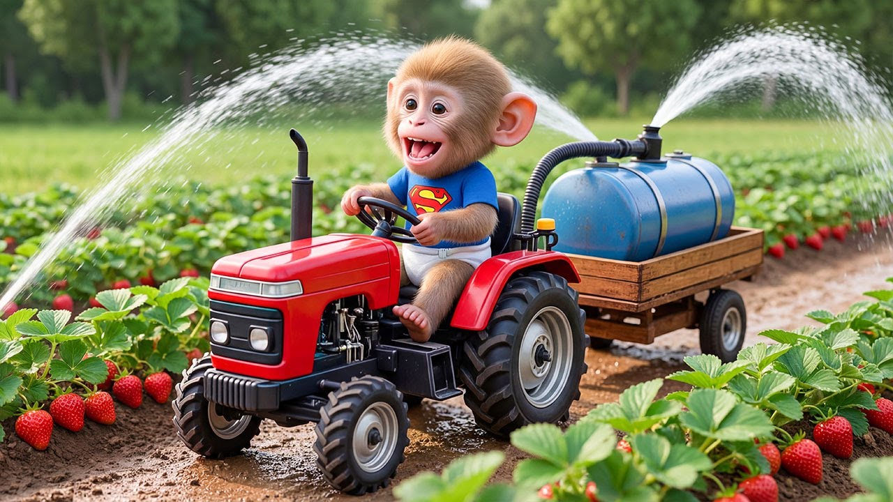 Monkey iZi Drives a Tractor Carrying Strawberries and Waters The Garden.