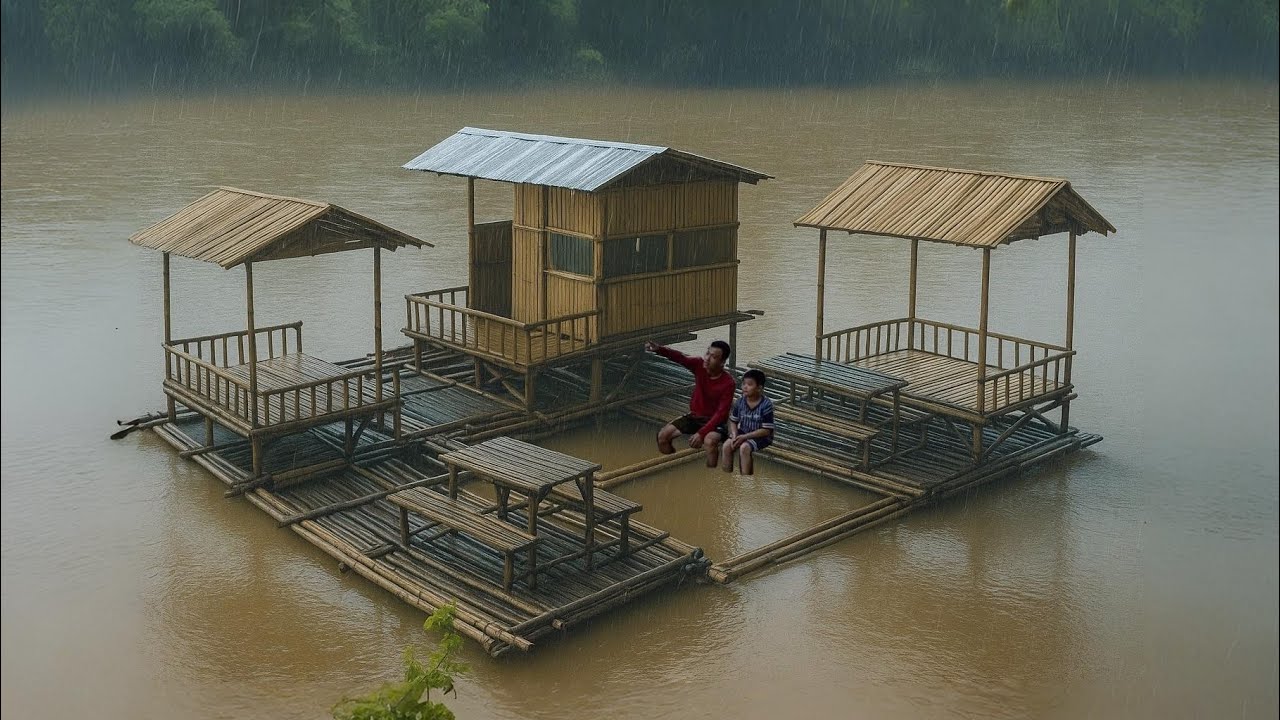 Camping hujan deras || Di terjang hujan badai saat membangun rumah terapung di sungai