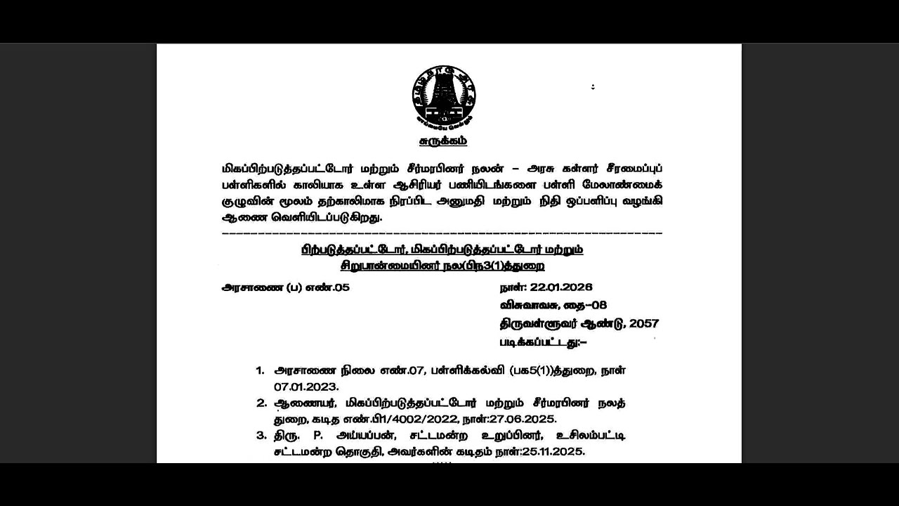 அரசு கள்ளர் பள்ளிகள்  -  முதுகலை, பட்டதாரி, இடைநிலை ஆசிரியர் பணியிடங்கள் - நிரப்பிட அரசாணை வெளியீடு