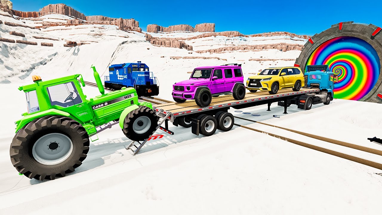 Flatbed Truck McQueen | Transportation with Truck | Pothole vs Car vs Portal Trap - BeamNG.Drive