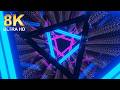 8K Abstract Futuristic Neon Tunnel with Glowing Blue and Pink Geometric Triangle Endless Reflection