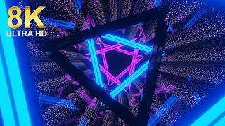 8K Abstract Futuristic Neon Tunnel with Glowing Blue and Pink Geometric Triangle Endless Reflection