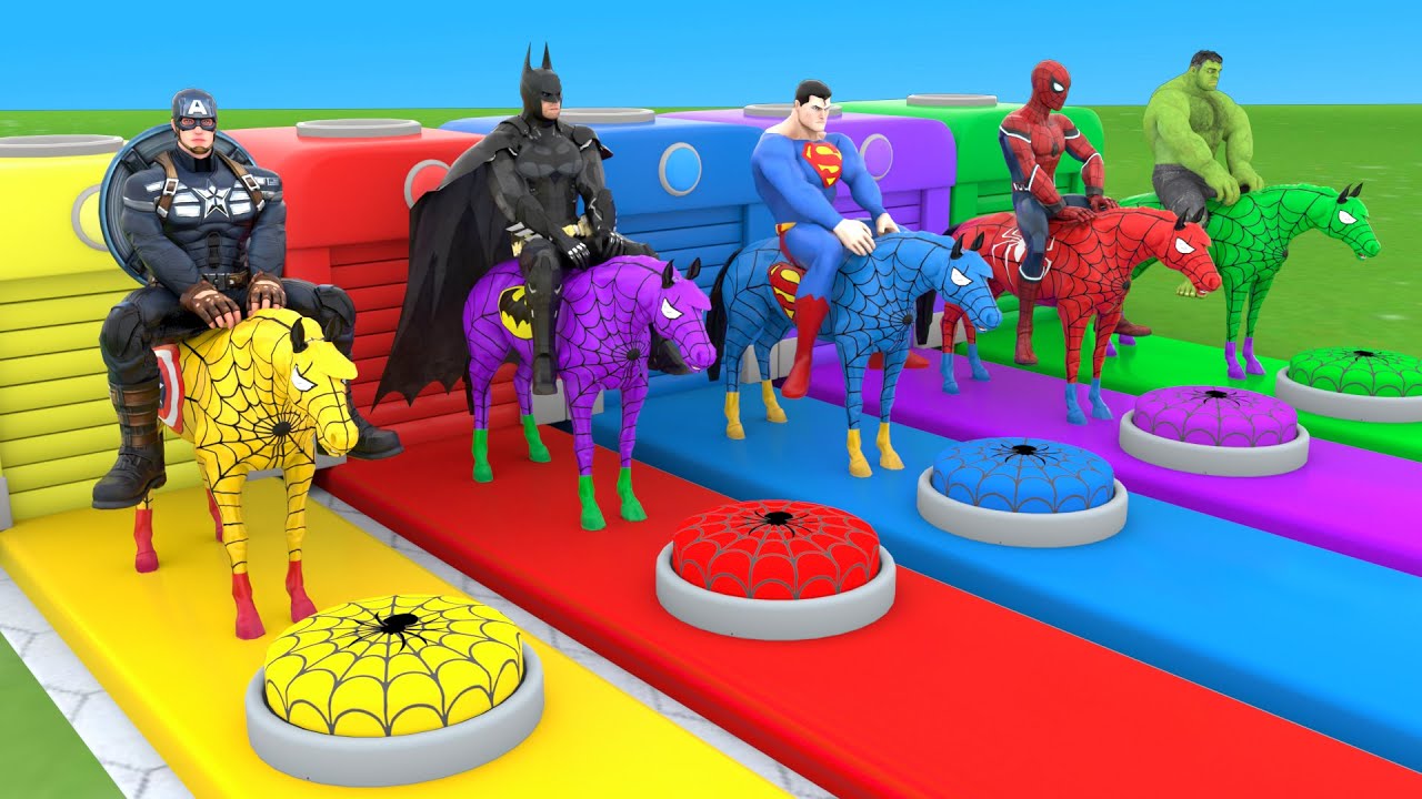 Red Horse Spiderman Crossing On Rainbow Spiders Bridge With Horse Vs Spider Shark Rescue Animal Game