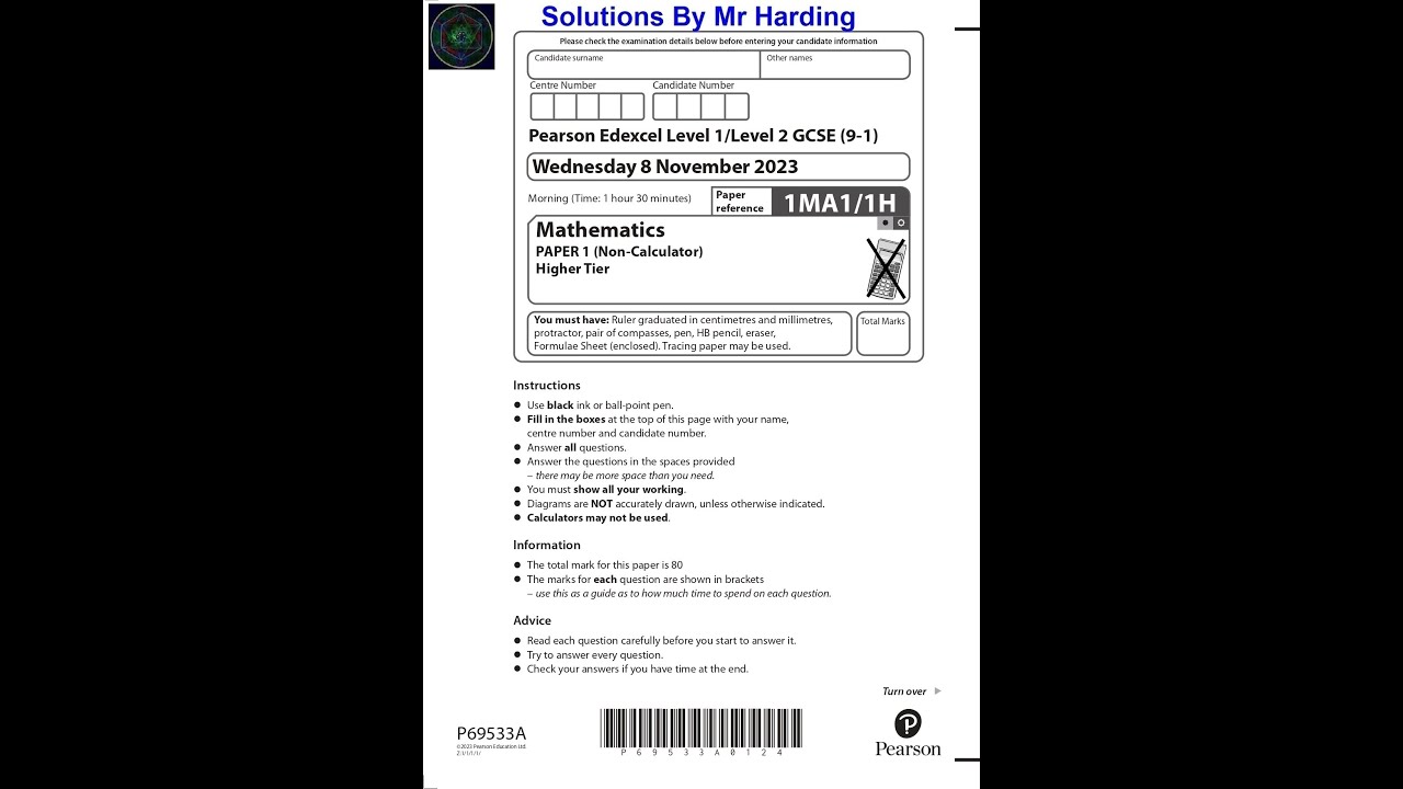 Edexcel - GCSE 9-1 - Math - November 2023 - Paper 1H - Solutions By Mr Harding