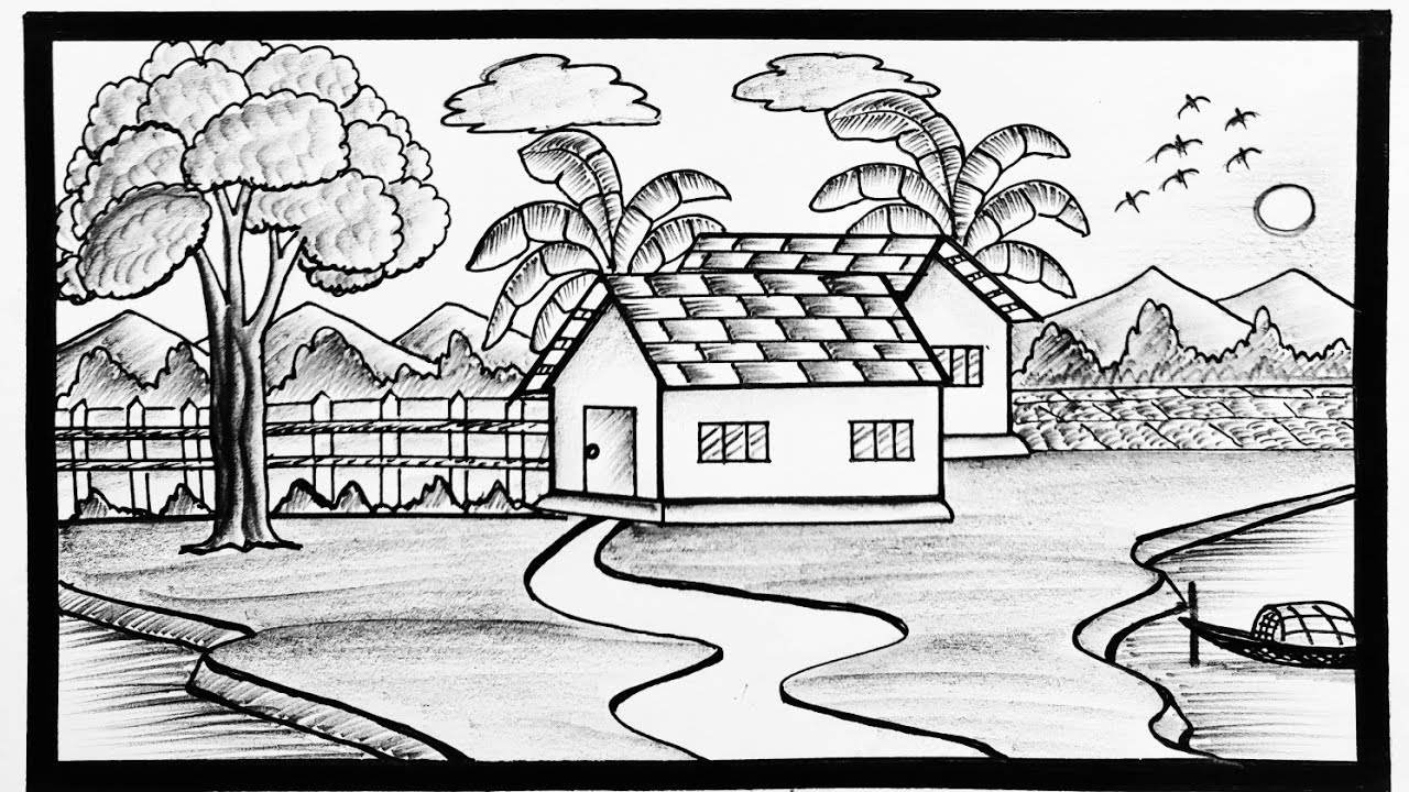 How To Draw A Simple Village Scenery||Step By Step Pencil Sketch ...