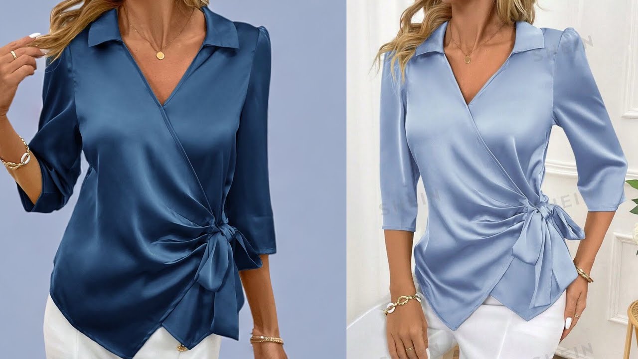 تفصيل بلوزه ساتان انيقة برقبة على شكل حرف v وعقدة جانبية بكل سهولة #الخياطة_باناقة