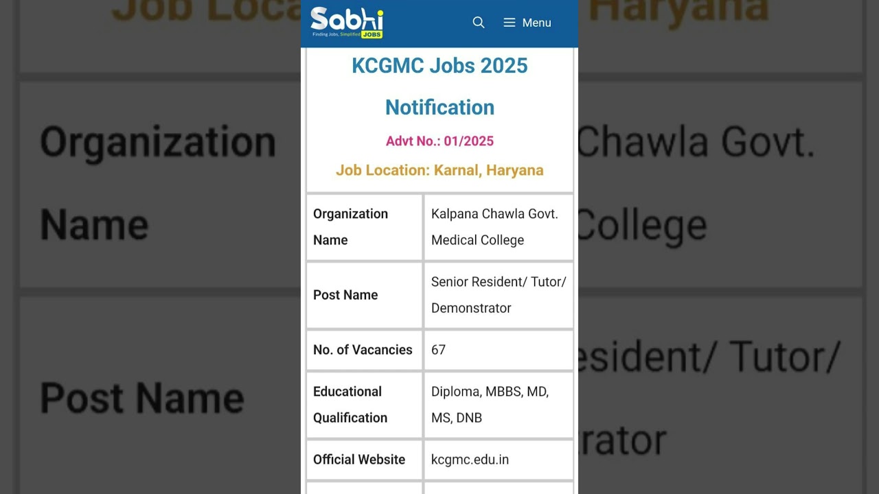 KCGMC Jobs Notification 2025: Apply Offline for 67 Senior Resident/ Tutor/ Demonstrator