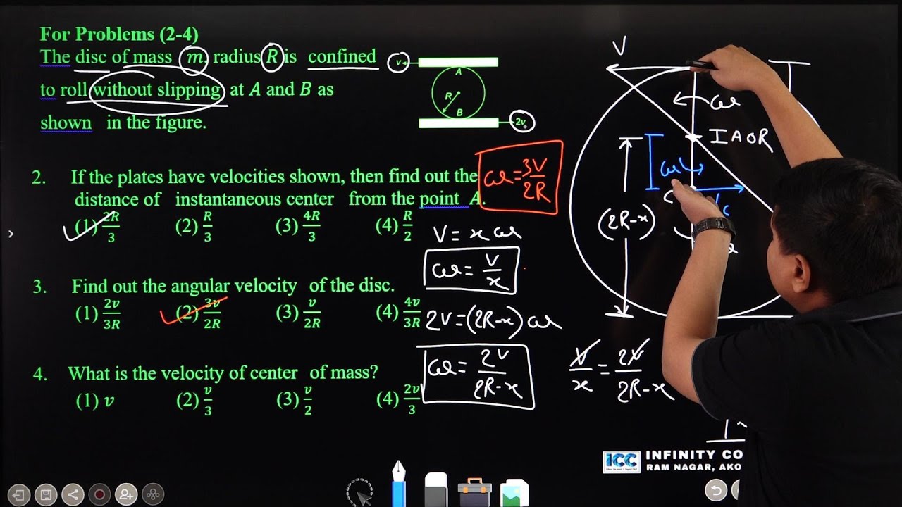 The disc of mass m, radius R is confined to roll without slipping  at A and B as shown in the fig.