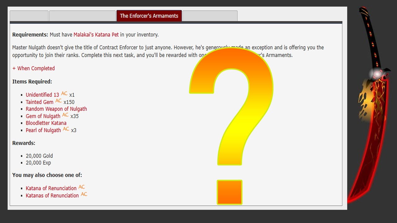 AQW NEW THE ENFORCER'S ARMAMENTS l RARE KATANA OF RENUNCIATION l MALAKAI'S KATANA PET QUEST