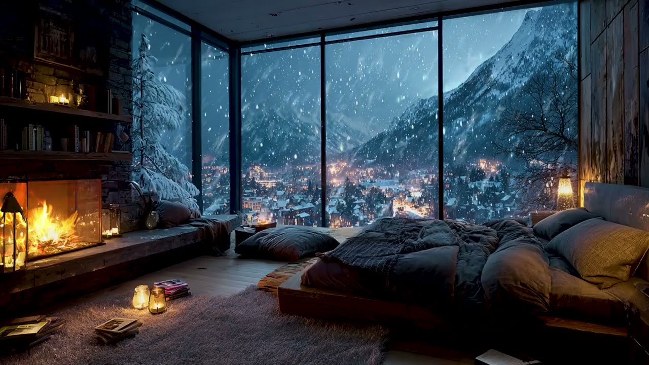 Cozy Winter Cabin at Night | Fireplace Crackles & Soft Snowfall for Deep, Peaceful Sleep