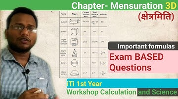 Chapter-Mensuration 3D (क्षेत्रमिति)| Important formulas & Exam BASED Questions | WCS | iTi 1st Year