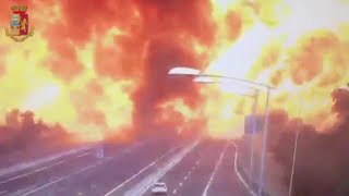 Incendio en autopista italiana por explosión de camión cisterna
