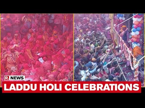 watch:-people-celebrate-laddu-holi-at-barsana-in-uttar-pradesh's-mathura