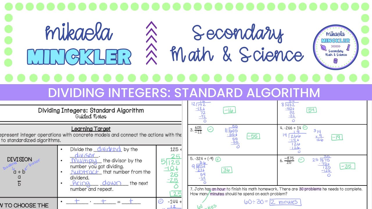Dividing Integers Standard Algorithm Guided Notes Lesson | 6th Grade ...