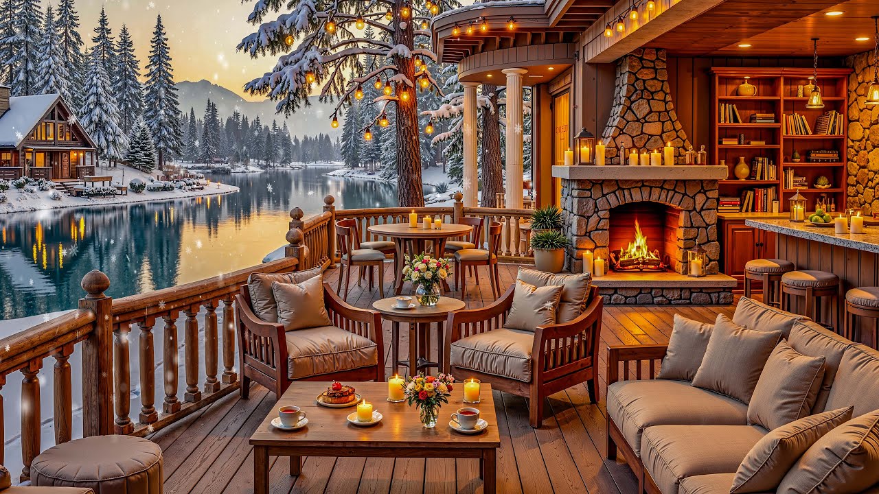 Спокойная кофейня у озера зимой | Нежная джазовая музыка и легкий снегопад для умиротворения