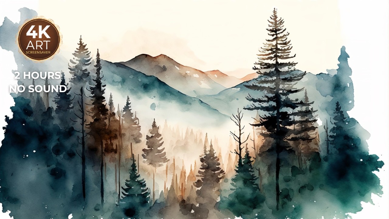 Watercolor Forest and Mountains | 2 Hours Art Screensaver