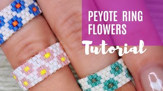 Peyote stitch ring for beginners, Flowers ring pattern.