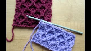 A tutorial on how to crochet the diamond trellis stitch using front post treble crochet stitches. The written pattern for the swatch can be 