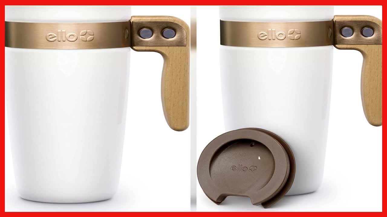 Ello Fulton Ceramic Travel Coffee Mug with Lid, 16 oz, White Wood Handle  Modern