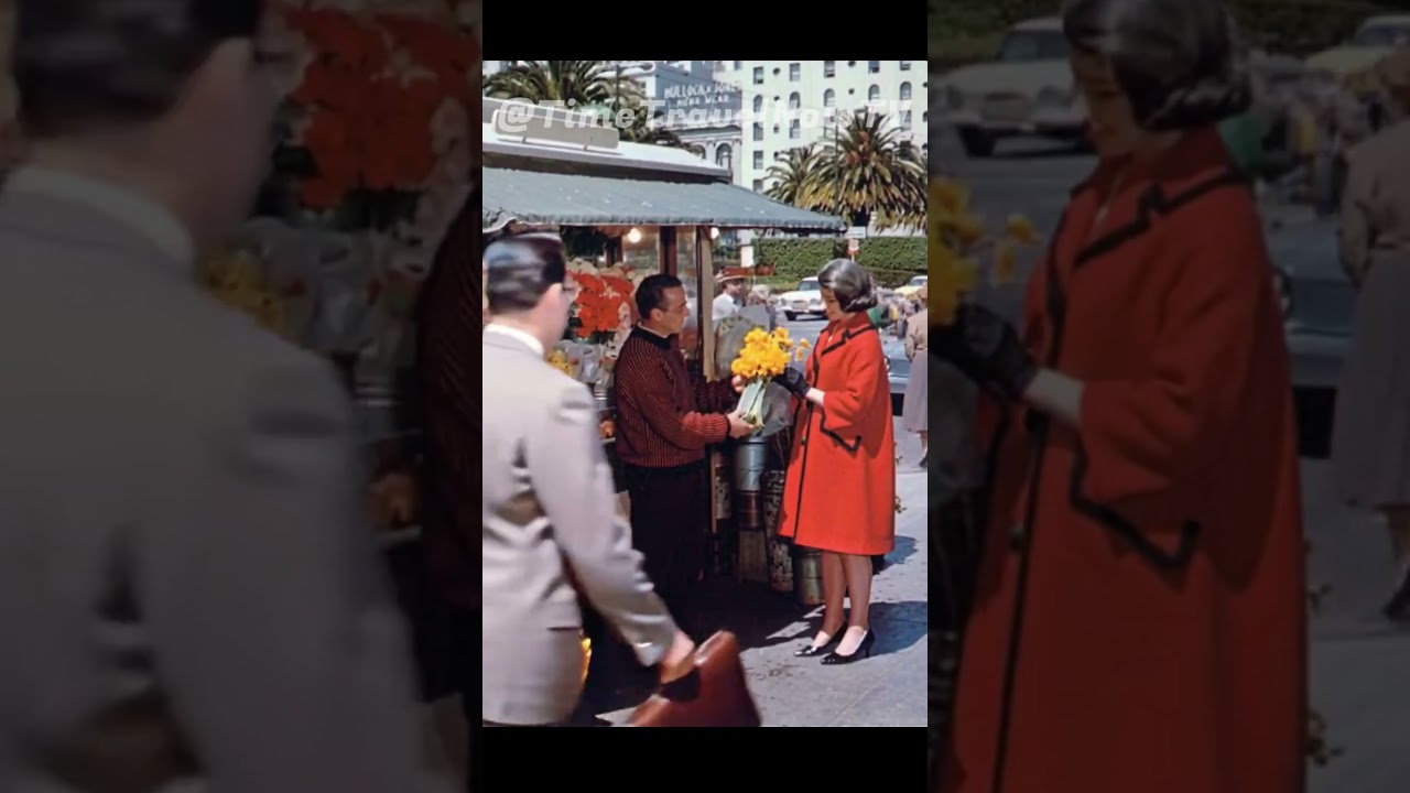 Vintage San Francisco Street Flower Vendor, California, Color video of the 1960's, Street Scene