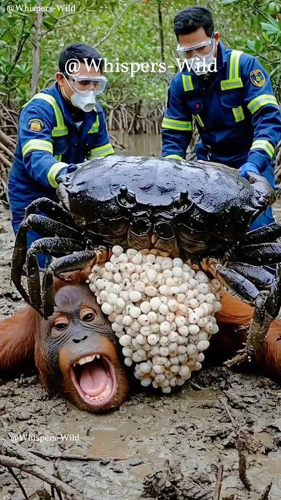 Orangutan Struggles with Giant Crab on Back Until Rescuers Arrive #animalrescue #wildlife