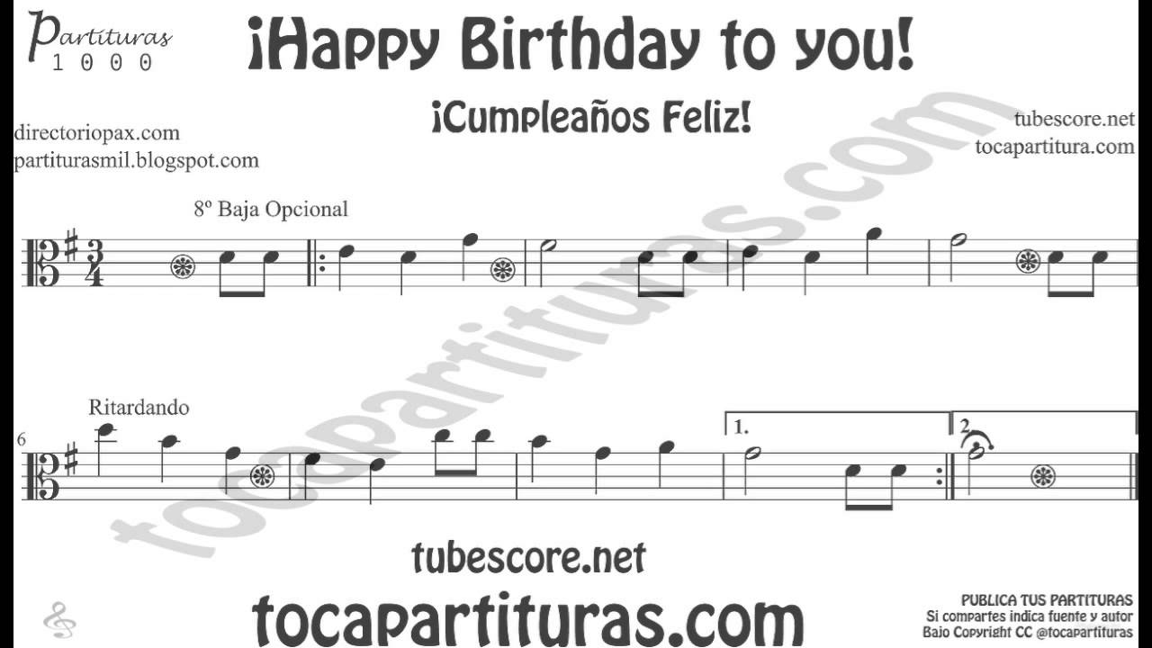 Happy Birthday Sheet Music for Viola in C clef - YouTube.