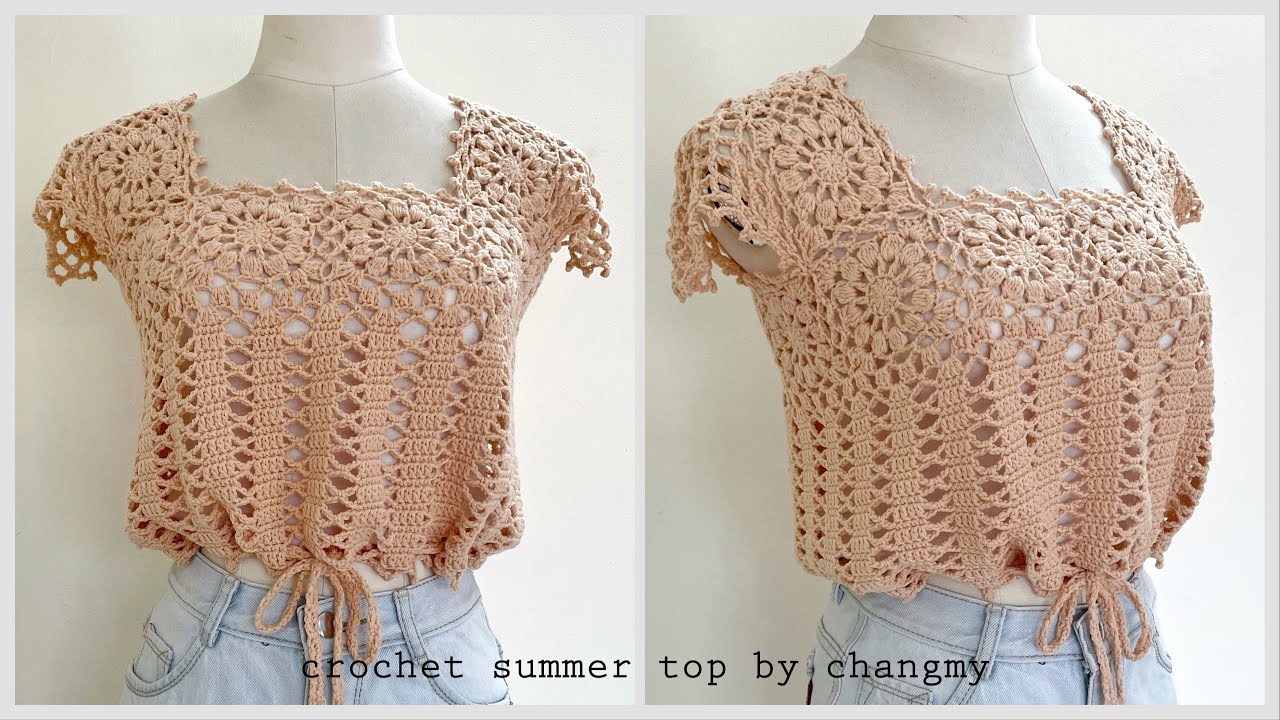 219. DIY crochet summer top by changmy | Hướng dẫn móc áo cho mùa hè với cổ áo ghép hoa xinh xắn