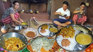 Village Style Cooking & Eating Potato Fry and Lentils Recipe with Rice in Nepali Kitchen