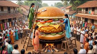 🍔 Village Girls Make 30-Foot Giant Aloo Tikki Burger ❤️ Whole Village Eats Together #GiantBurger screenshot 1