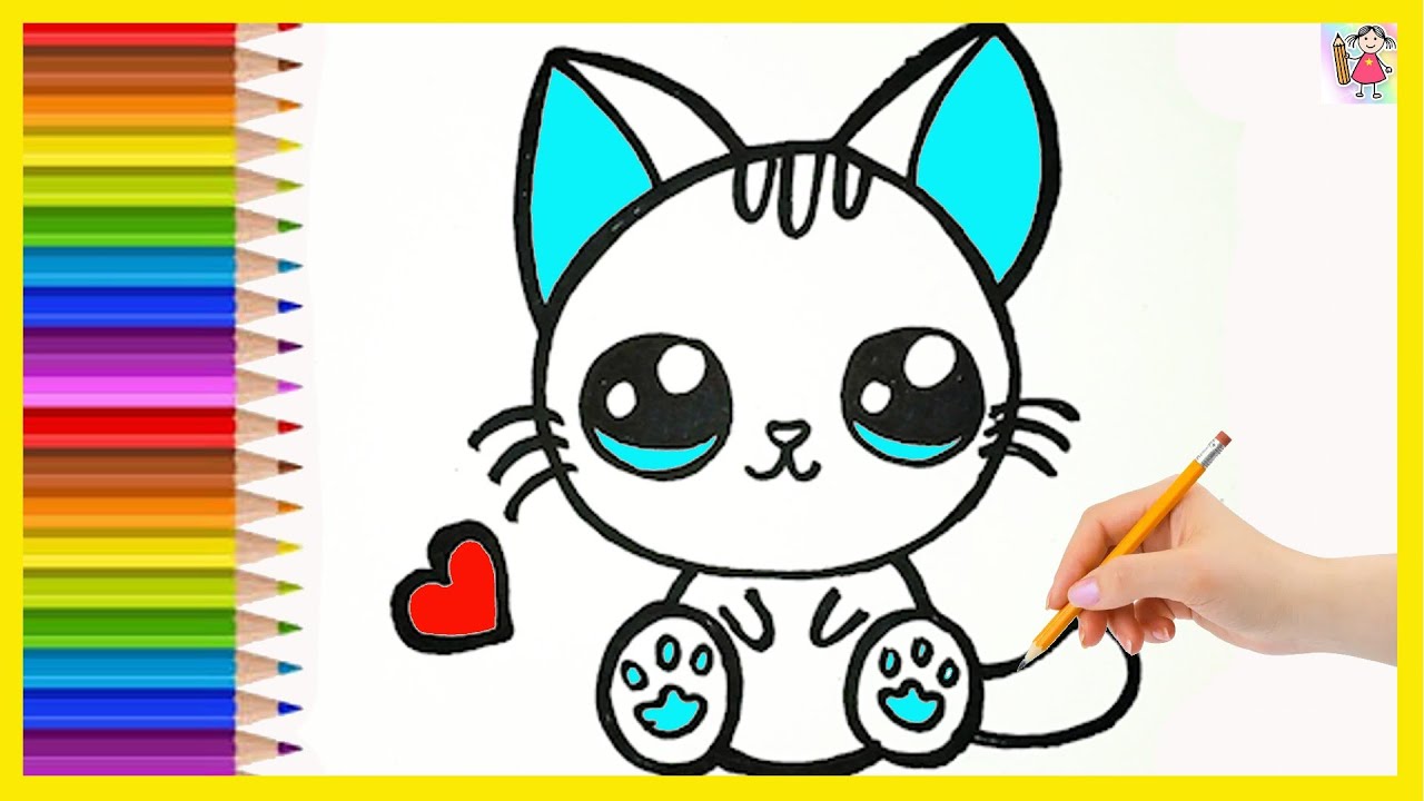 How to draw and color a cute kitten for kids| Cómo dibujar y colorear ...