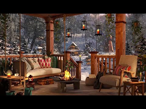 Видео: Зимняя уютная веранда в горах с костром, падающим снегом и звуками метели