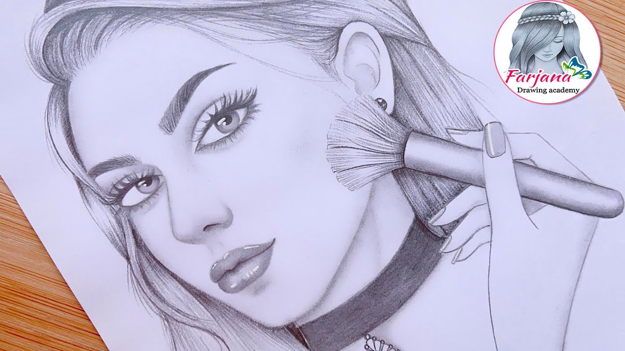 A Girl Doing Makeup Pencil Sketch For