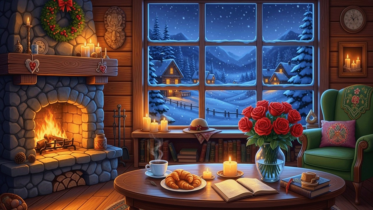 Quiet Snowy Evening in a Cozy Cabin with Soft Piano Playing in the Next Room by the Fireplace