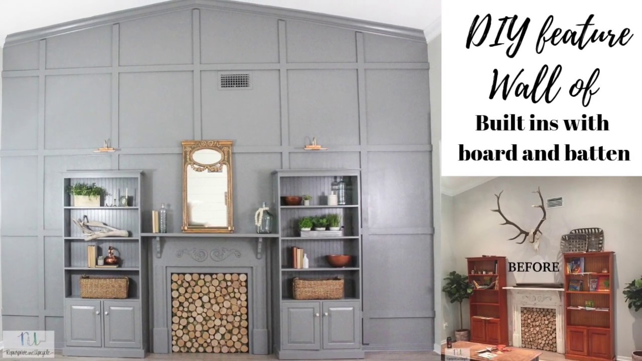 Diy Feature Wall With Board And Batten Bookshelves And A Fireplace Mantel