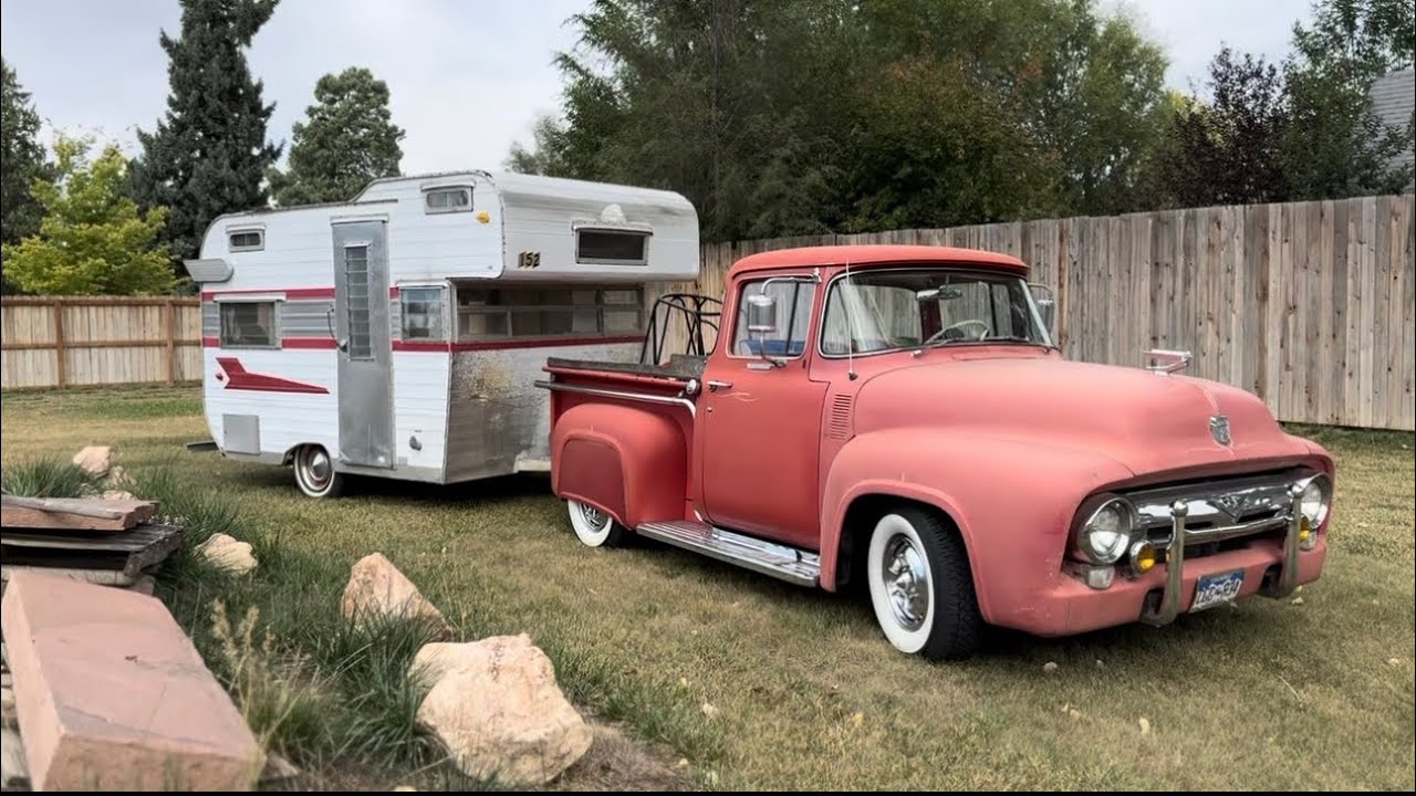 1956 Ford F 100 custom cab pick up truck, with a vintage”camper trailer it’s hooked up.let’s go!!🌜🔥