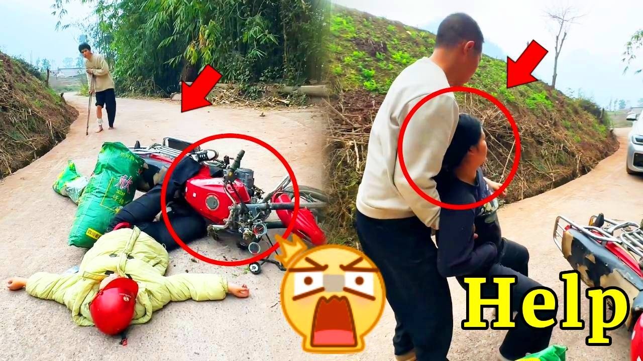 摩托车女经过险峻路段翻车摔晕，善良残疾男子扶起她送去医院治病！#正能量 #funny #movie