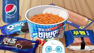 푸푸의 파란색 편의점 애니먹방!💧 비빔면, 주먹밥, 아이스크림 등 - FOOFOO'S Convenience store food animation MUKBANG