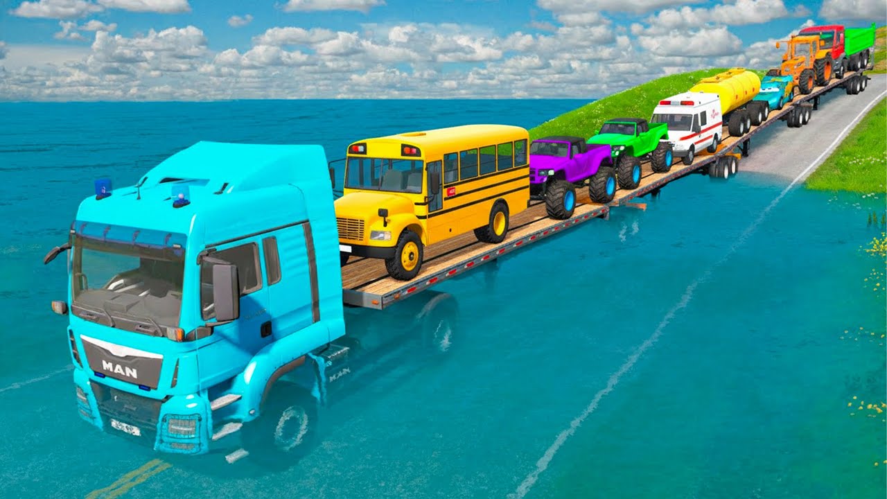 Triple Flatbed Trailer McQueen Transportation with Truck - Speedbumps vs Cars vs Train - BeamNG #19