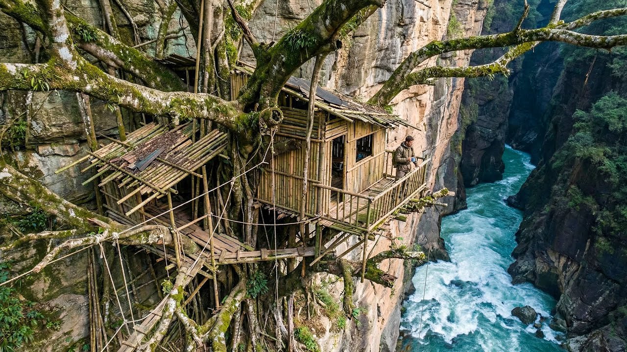 365 Days Build House On Rock And Bamboo House With Grass Roof To Avoid Storm, Bushcraft