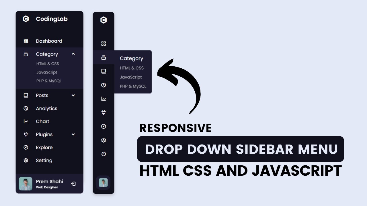 code เมนูย่อย html  New Update  Responsive Dropdown Sidebar Menu using HTML CSS and JavaScript | Side Navigation Bar