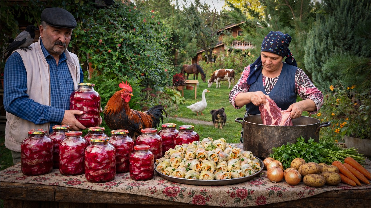 Hearty Winter Village Meat Soup & Veggie-Stuffed Cabbage 🥩🥬