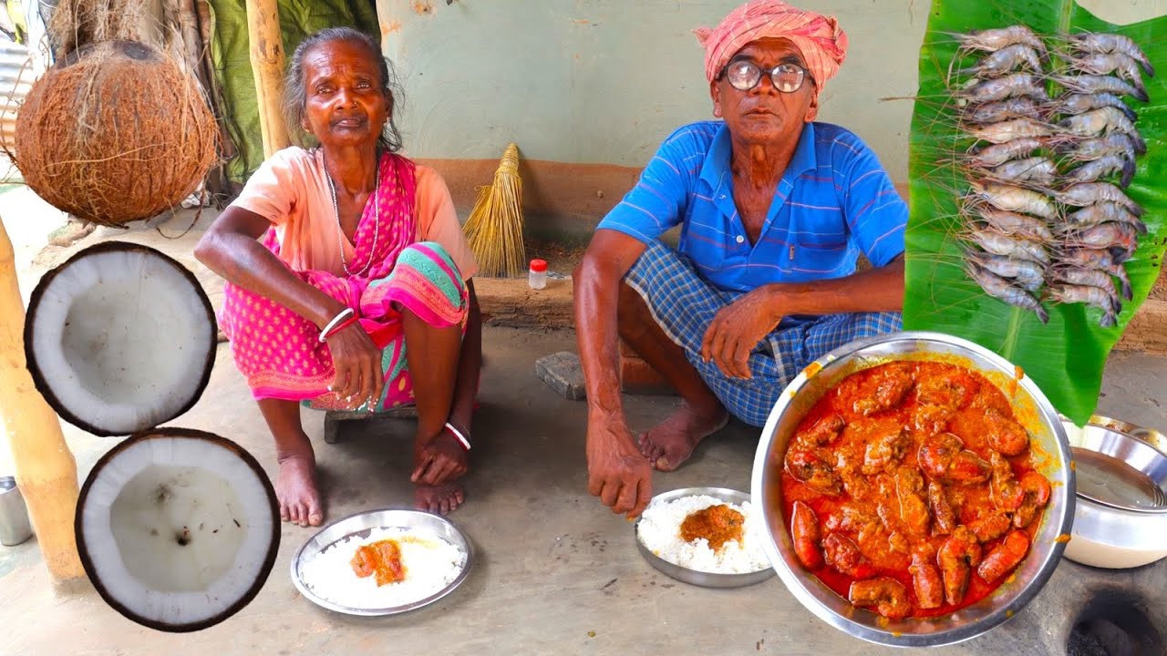 PRAWN FISH MALAI CURRY | cooking prawn fish with coconut milk by our grandfather & grandmother