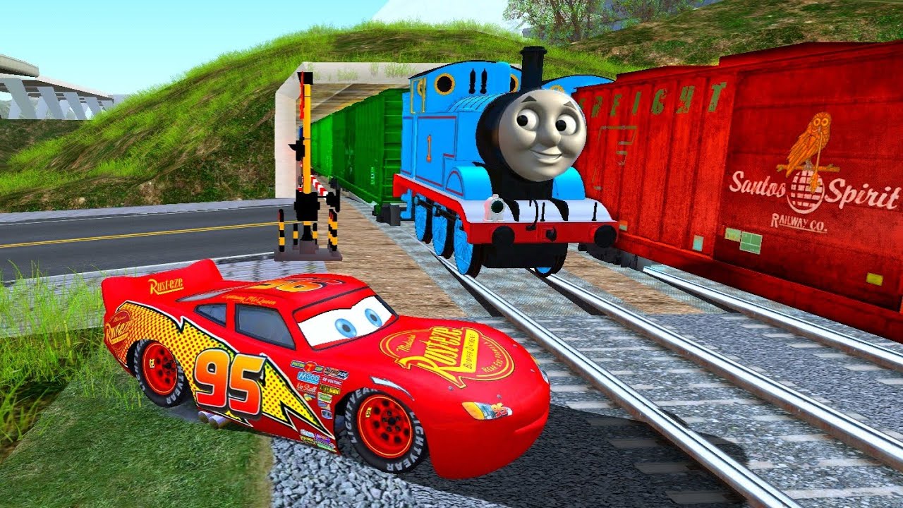 Big & Small Lightning McQueen vs King Dinoco vs Chick Hicks vs Mater vs Trains Thomas BeamNG Drive