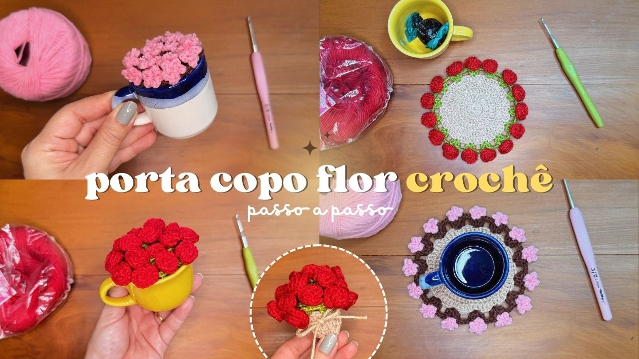 Porta copo flor crochê - passo a passo que vira vasinho e buquê de flor, fácil e rápido de fazer