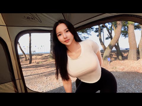 Camping Alone on the Beach🌊 Sound of waves ASMR. Solo camping. Camping Vlog.